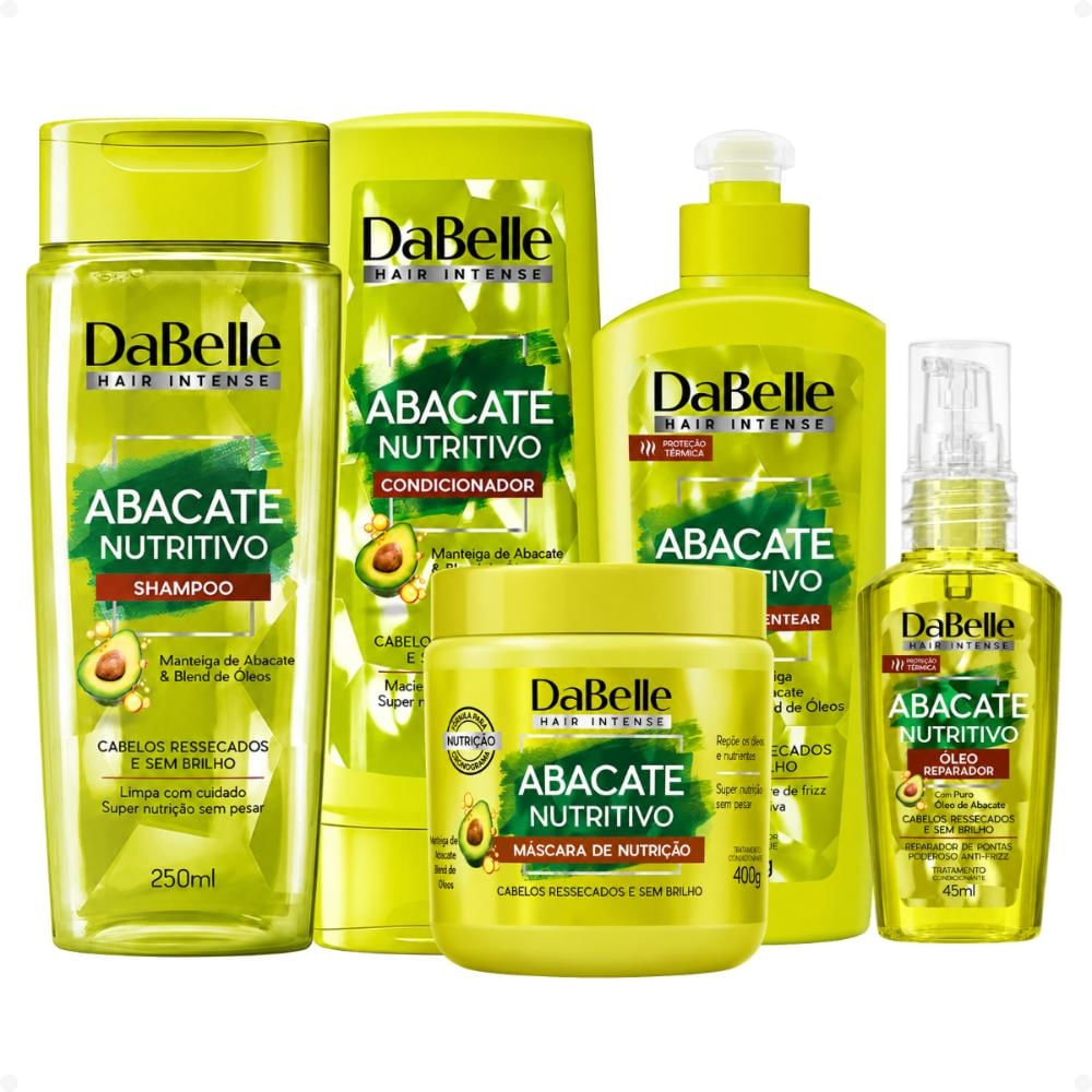 Kit DaBelle Abacate Nutritivo: Shampoo 250ml, Condicionador 200ml, Máscara 400g, Creme de Pentear 270g e Óleo Reparador 45ml