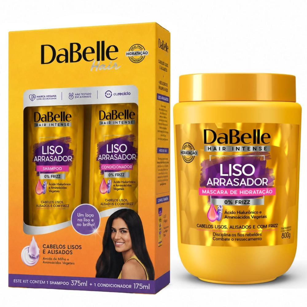 Kit DaBelle Liso Arrasador: Shampoo 375ml e Condicionador 175ml + Máscara De Hidratação 800g
