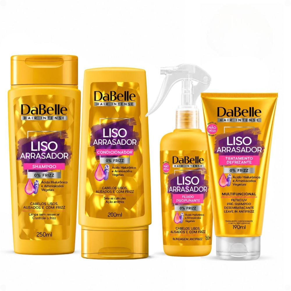 Kit DaBelle Liso Arrasador: Shampoo 250ml e Condicionador 200ml Fluido Disciplinante 180ml + Tratamento Defrizante 190ml
