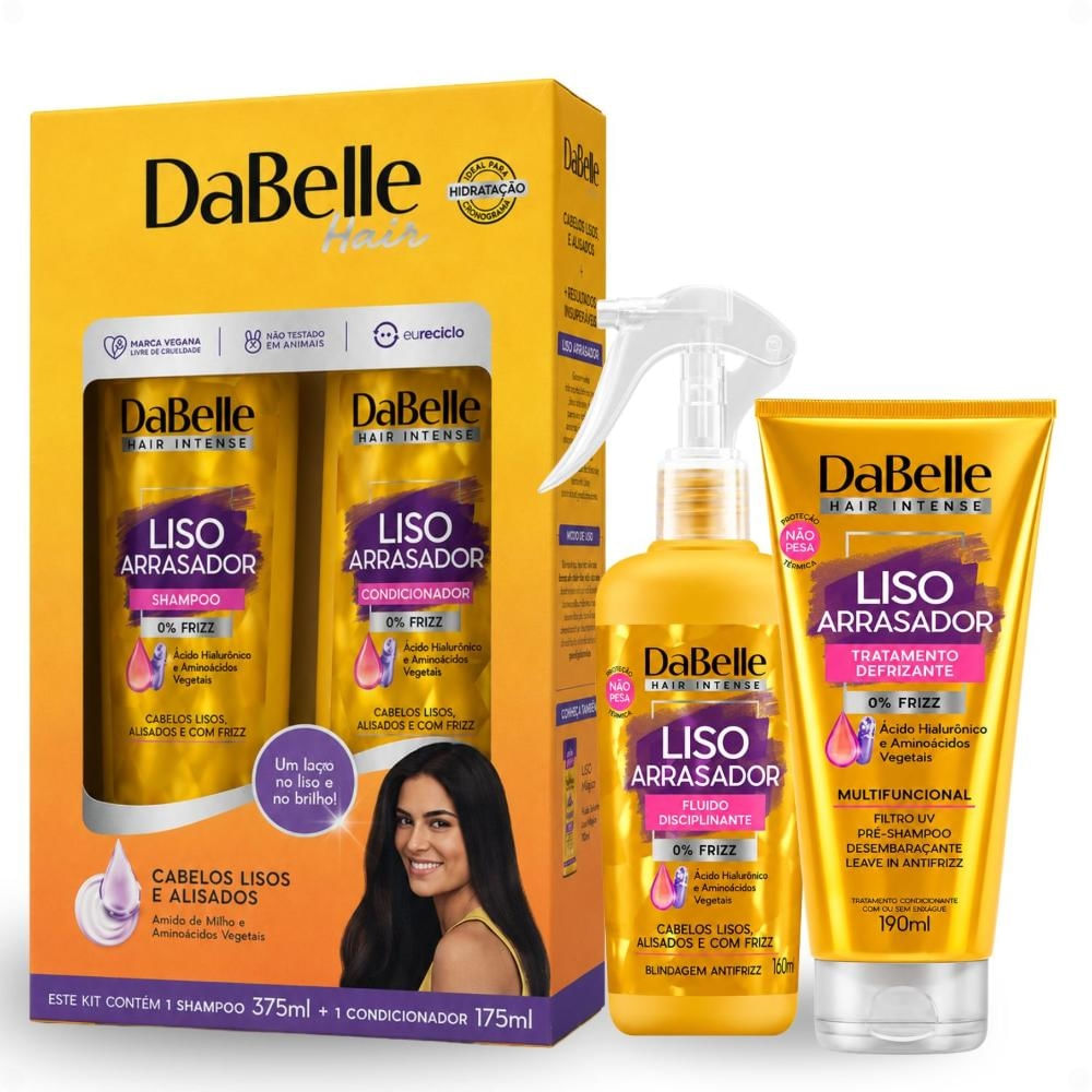 Kit DaBelle Liso Arrasador: Shampoo 375ml e Condicionador 175ml + Fluido Disciplinante 180ml + Tratamento Defrizante 190ml
