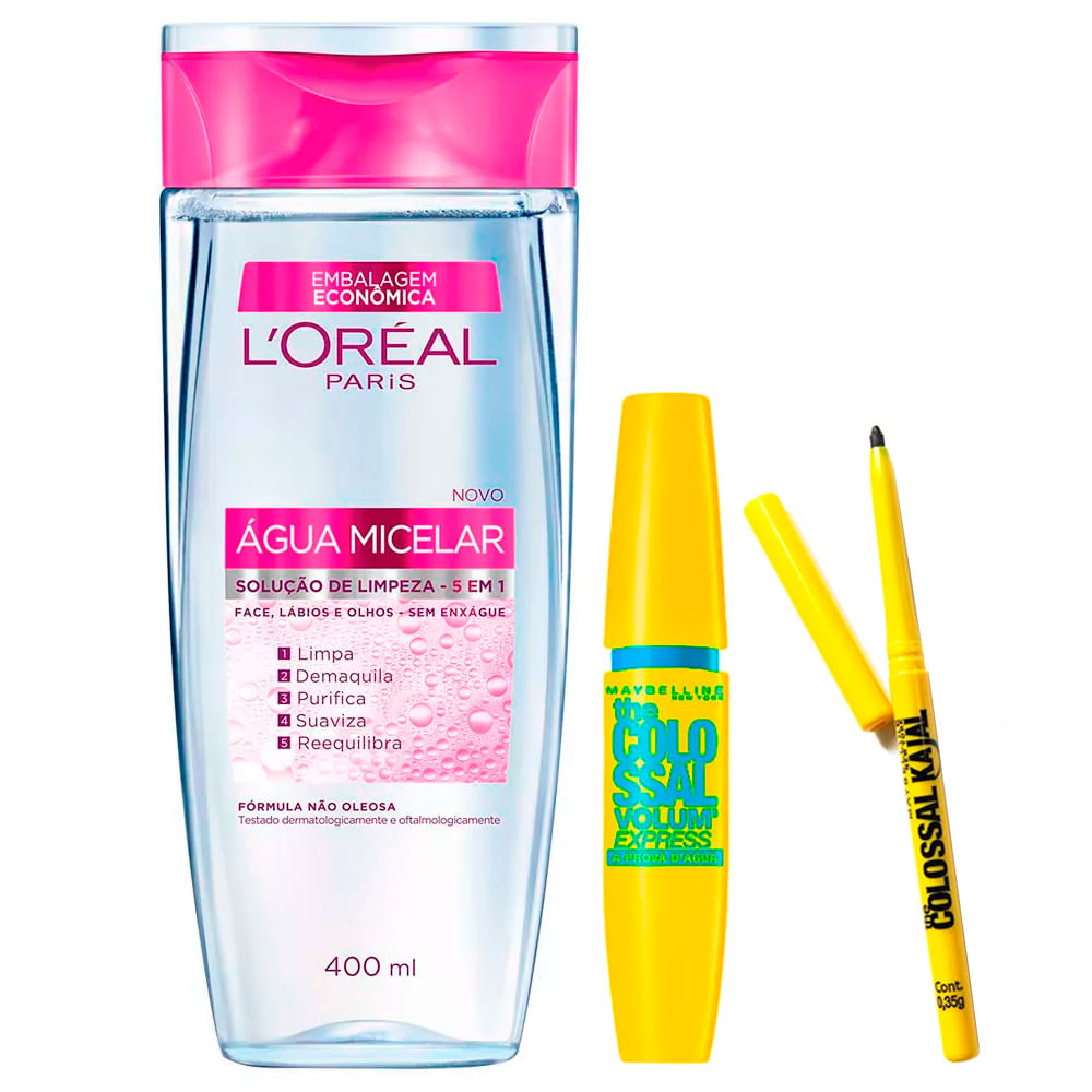 Kit Agua Micelar L'Oréal Paris 5 em 1 + VolumExpress Colossal Glam WP + Lapis Colossal Kajal