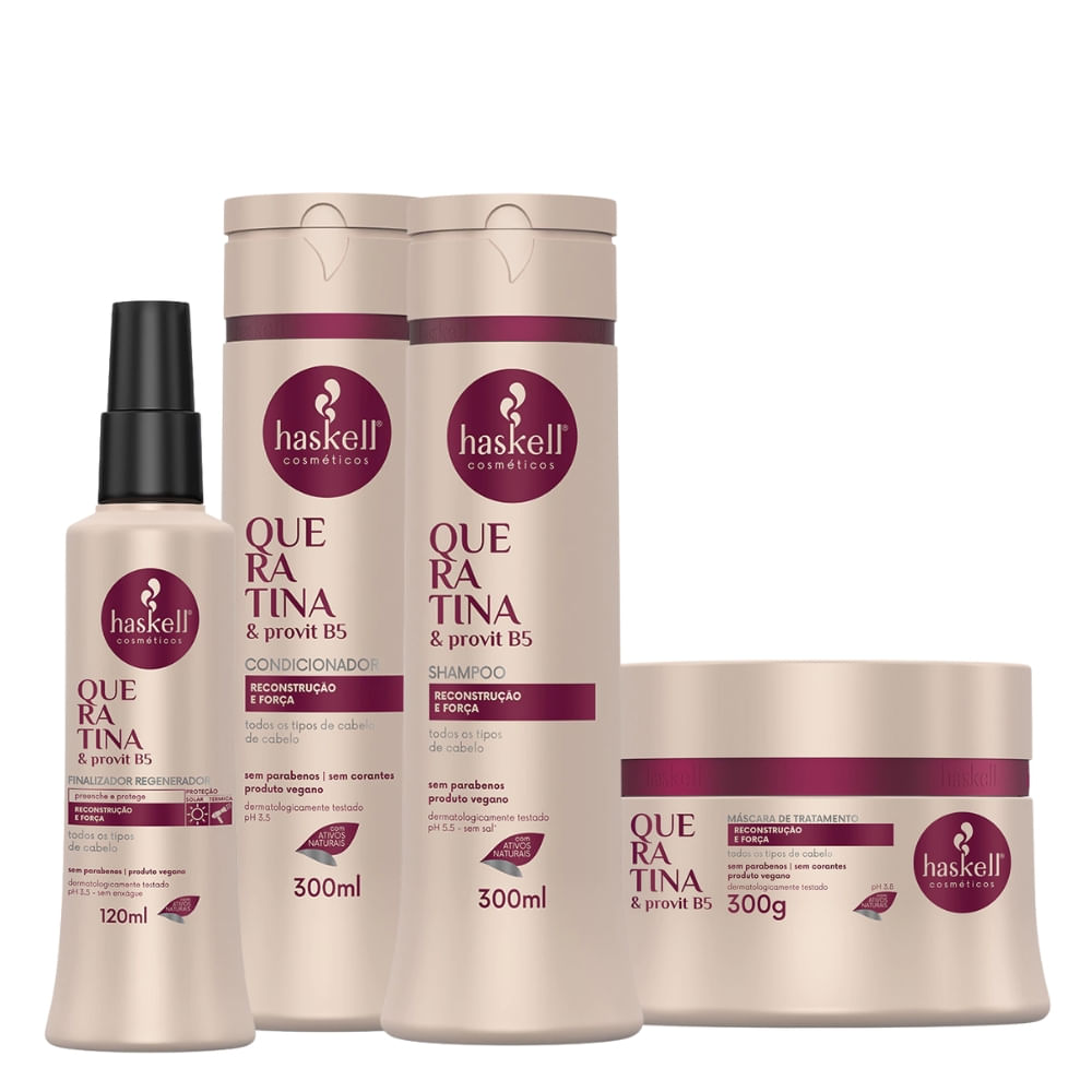 Kit Queratina & Provit B5 Haskell Shampoo, Condicionador e Máscara 300ml/g + Finalizador