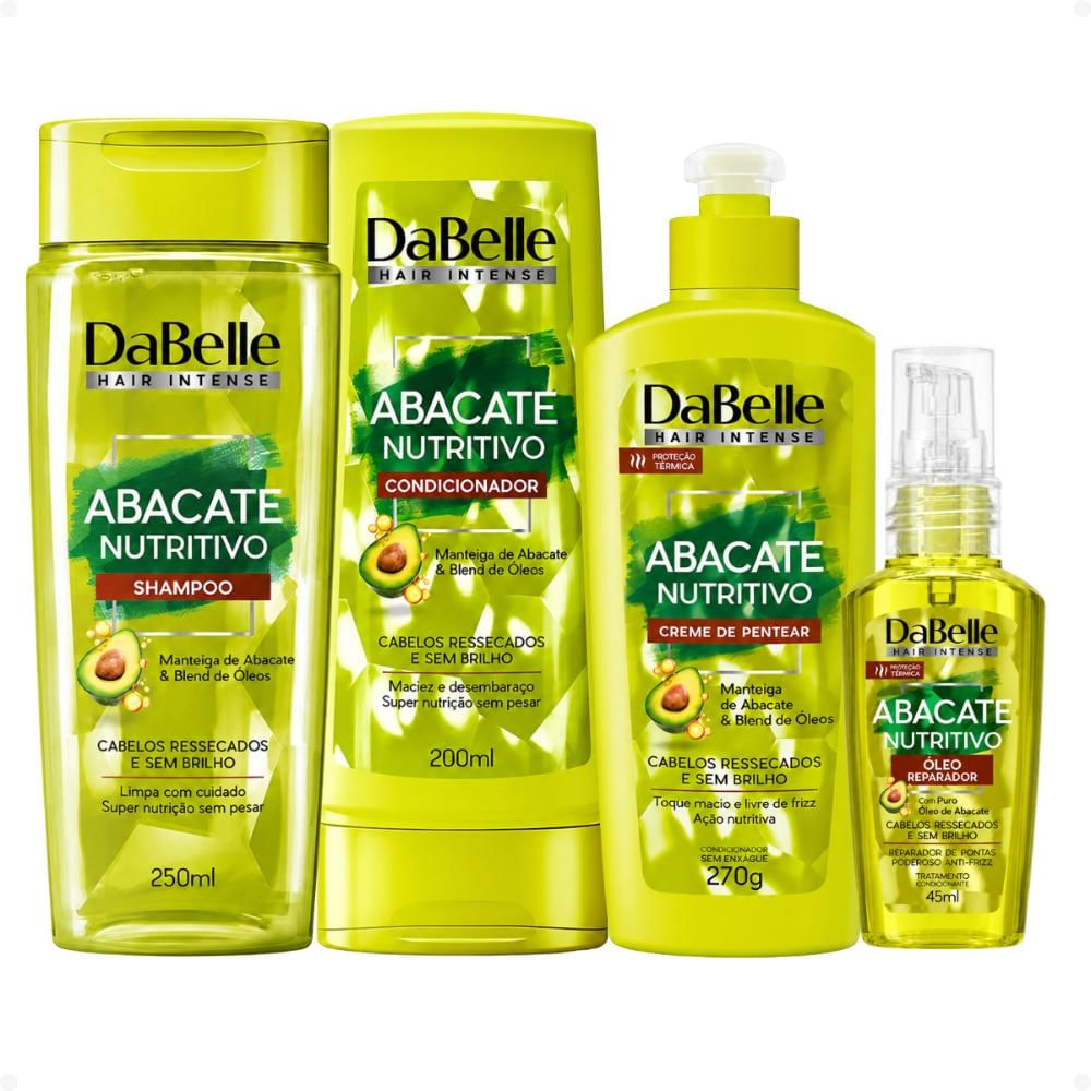 Kit DaBelle Abacate Nutritivo: Shampoo 250ml, Condicionador 200ml, Creme de Pentear 270g e Óleo Reparador 45ml
