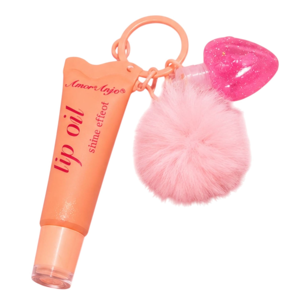 Lip Oil Chaveiro Pompom Pelúcia Gloss Labial All Day Hydeation Amor Anjo COR 02 Rosa REF AM-MF025
