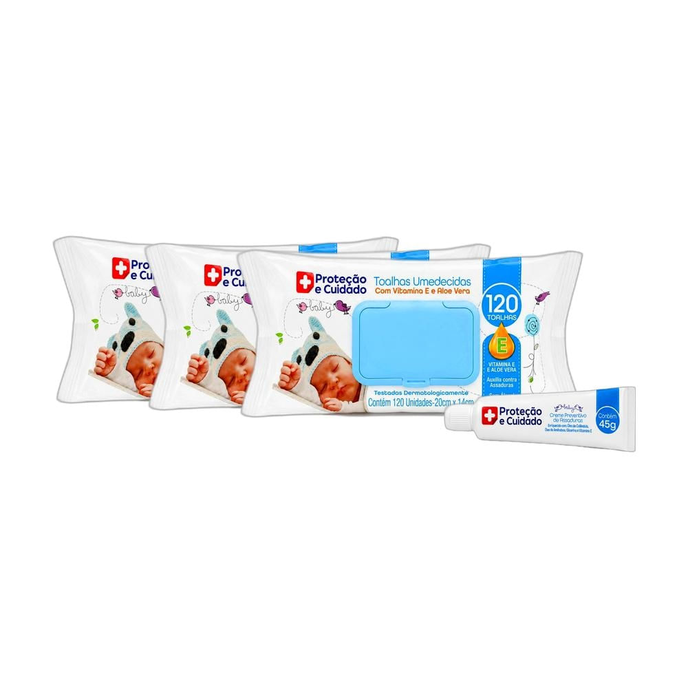 Kit 3 Toalhas Umedecidas Bebê Aloe Vera e Vitamina E 120 Unidades + Creme Ass — Kit 3 Toalhas Umedecidas Bebê Aloe Vera e Vitamina E 120 Unidades + Creme Assaduras Proteção e Cuida
