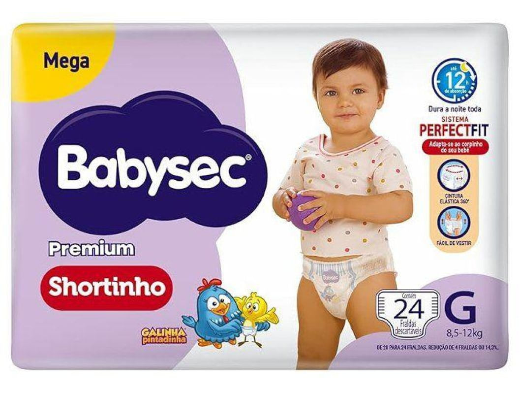 Fralda Shortinho Babysec Galinha Pintadinha Premium Tam. G 8,5 a 12kg 24 Unidades