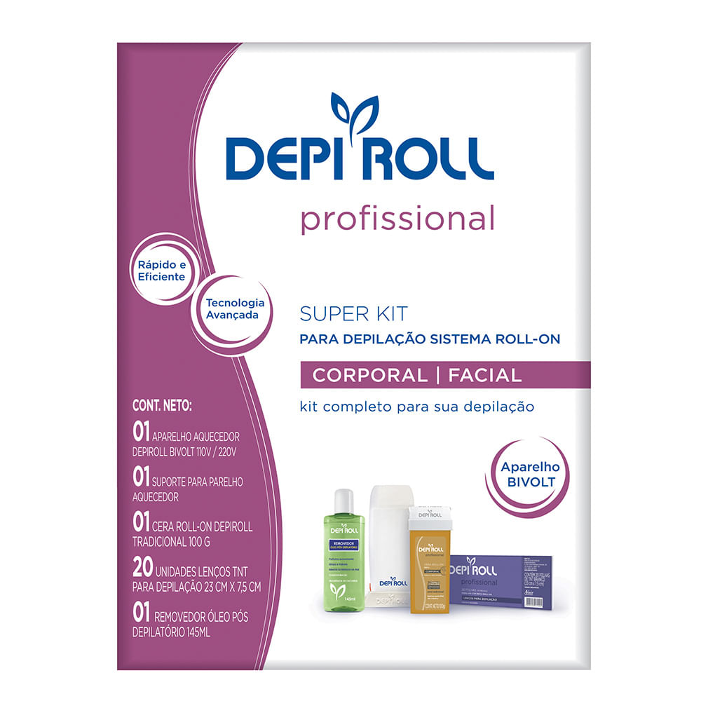 DepiRoll Depilação Roll-on Tradicional Kit – Aparelho Aquecedor + Suporte + Cera+ Lenços + Removedor