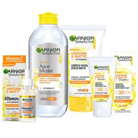 garnier-skin-uniform-e-matte-vitamina-c-kit-serum-gel-de-limpeza-agua-micelar-hidratante-mascara-facial