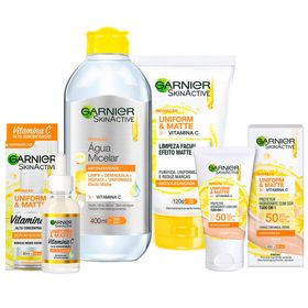 garnier-skin-uniform-e-matte-vitamina-c-kit-serum-gel-de-limpeza-agua-micelar-protetor-solar-cor-clara