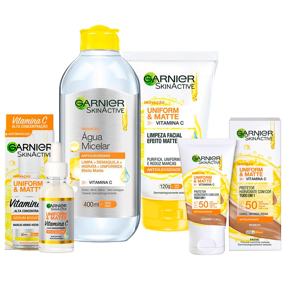 Garnier Skin Uniform & Matte Vitamina C Kit – Sérum + Gel de Limpeza + Água Micelar + Protetor Solar cor Morena