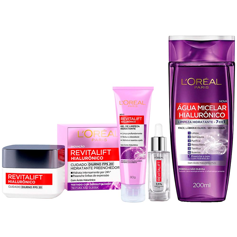 L'Oréal Paris Revitalift Hialurônico Kit – Água Micelar + Gel de Limpeza + Creme Anti-idade Diurno + Sérum