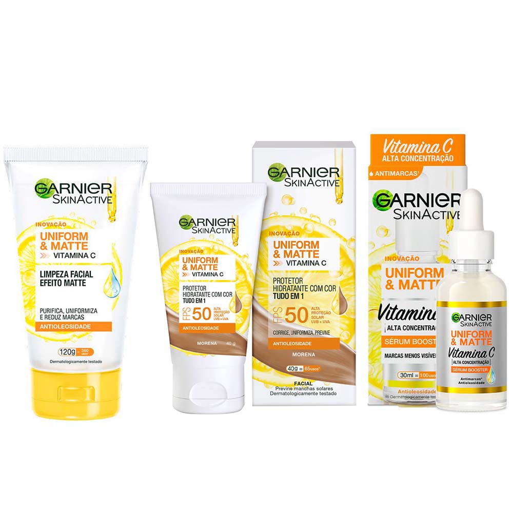 Garnier Skin Uniform & Matte Vitamina C Kit – Sérum Facial + Gel de Limpeza + Protetor Solar FPS50 cor Morena