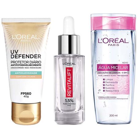 L'Oréal-Paris-Revitalift-UV-Defender-Kit-–-Água-Micelar-5-em-1-+-Sérum-+-Protetor-Solar-UV-Defender-FPS-60-cor-Clara-Kit--1