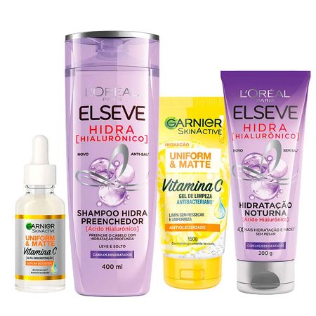 Garnier-+-Elseve-Kit-–-Gel-de-Limpeza-Facial-+-Sérum-Facial-+-Creme-Hidratação-Noturna-+-Shampoo-Preenchedor-Kit--1