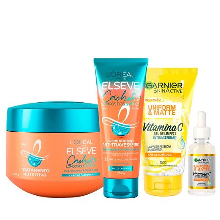 Garnier-+-Elseve-Cachos-Kit-–-Gel-de-Limpeza-Facial-+-Sérum-Facial-+-Creme-Noturno-+-Creme-de-Tratamento-Kit--1