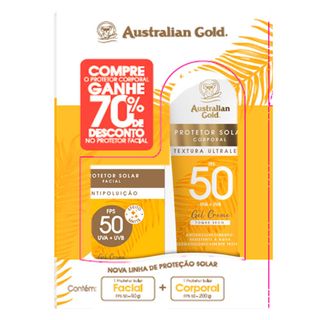 Australian Gold Kit – Protetor Solar Corporal FPS50 200g + Protetor Solar Facial FPS50 50g Menor preço em Australian Gold Kit – Protetor Solar Corporal FPS50 200g + Protetor Solar Facial FPS50 50g