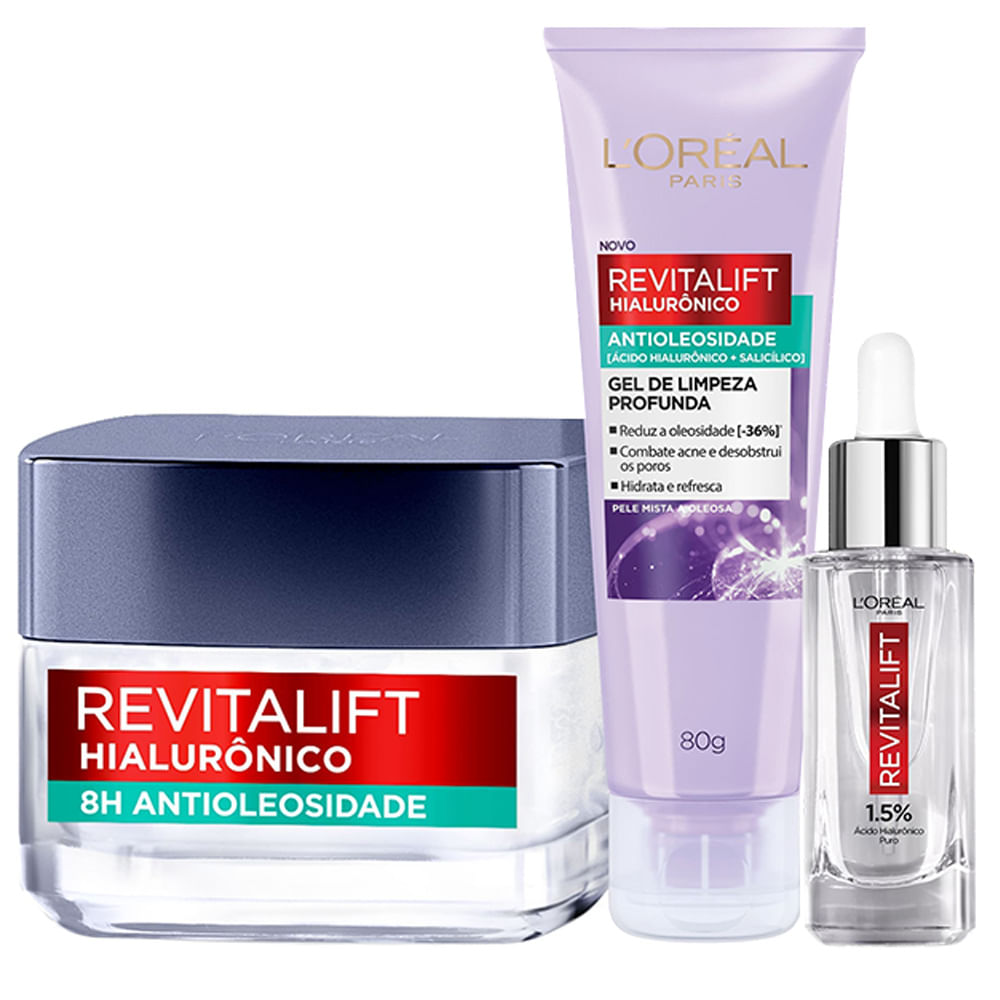 L’Oréal Paris Revitalift Hialurônico Kit - Gel Oil Control 80g + Gel Creme Hidratante Oil Control 50ml + Sérum Preenchedor Anti Idade 15ml