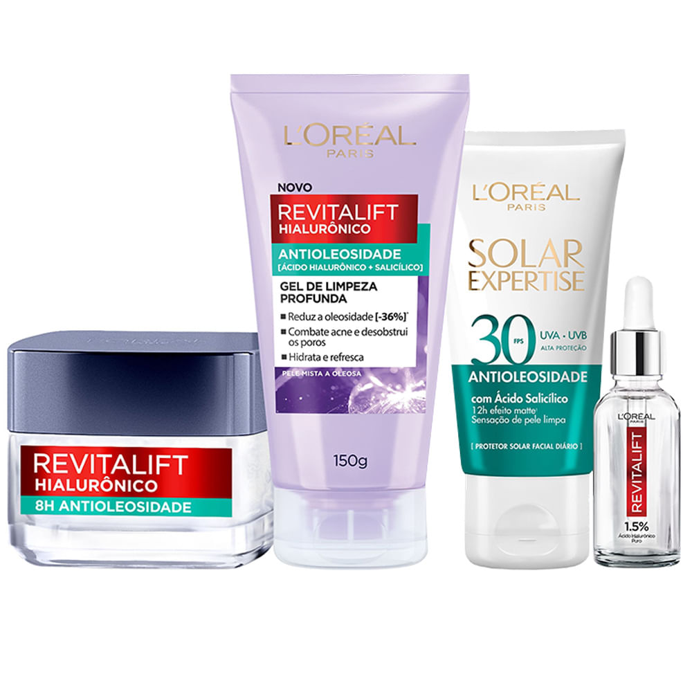 L’Oréal Paris Antioleosidade Kit – Gel de Limpeza 150g + Gel Creme Preenchedor 50ml + Sérum Preenchedor Anti-Idade 15ml + Protetor Solar FPS30 40g