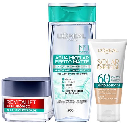 L’Oréal-Paris-Kit-–-Água-Micelar-Efeito-Matte-200ml-+-Gel-Creme-Antioleosidade-50ml-+-Protetor-Solar-com-Cor-FPS60-–-Clara-40g-Kit--1