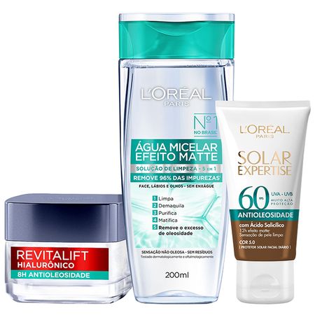 L’Oréal-Paris-Kit-–-Água-Micelar-Efeito-Matte-200ml-+-Gel-Creme-Antioleosidade-50ml-+-Protetor-Solar-com-Cor-FPS60-–-Negra-40g-Kit--1