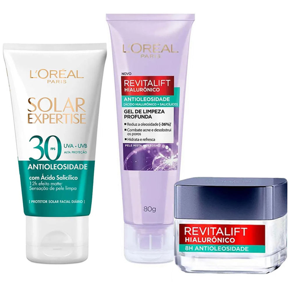 L’Oréal Paris Revitalift Hialurônico Kit – Gel de Limpeza Profunda 80g + Gel Creme Preenchedor 50ml + Protetor Solar FPS60 40g