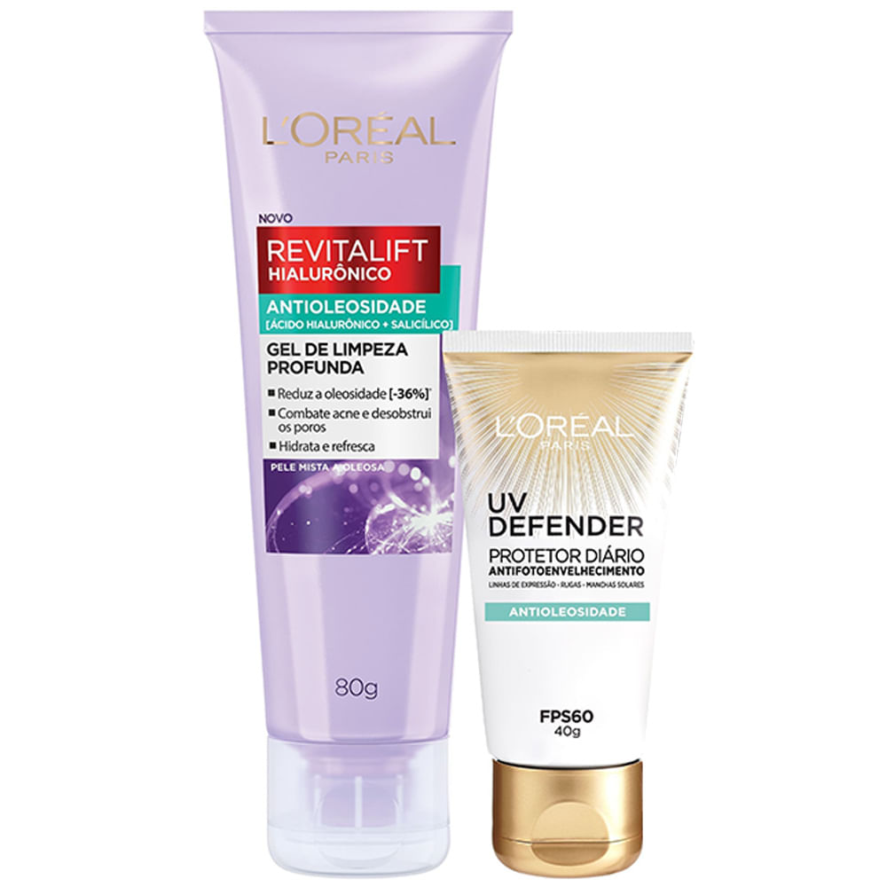 L’Oréal Paris Antioleosidade Kit – Gel de Limpeza Profunda Revitalift Hialurônico 40g + Protetor Solar Diário UV Defender FPS60 40g