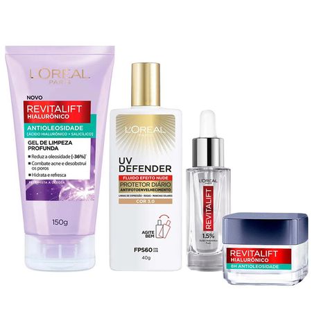 L’Oréal-Paris-Kit-–-Gel-de-Limpeza-150g-+-Gel-Creme-50ml-+-Sérum-Preenchedor-30ml-+-Protetor-Solar-Fluido-com-Cor-FPS60---Média-Kit--1