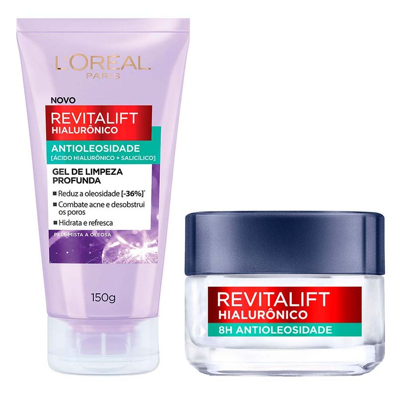 Bisnaga de L’Oréal Paris Revitalift Hialurônico Gel Creme Antioleosidade em fundo branco, indicada para pele oleosa