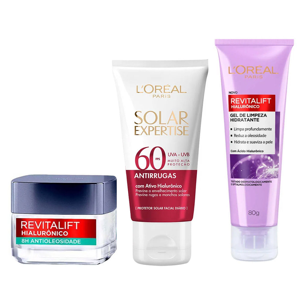 L’Oréal Paris Kit – Protetor Solar Facial Antienvelhecimento FPS60 40g + Gel Creme Facial Antioleosidade 50ml + Gel de Limpeza Facial Anti-Idade 80g