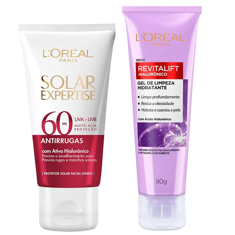 L’Oréal Paris Kit – Protetor Solar Facial Solar Expertise Antirrugas FPS60 40g + Gel de Limpeza Facial Anti-Idade Revitalift Hialurônico 80g