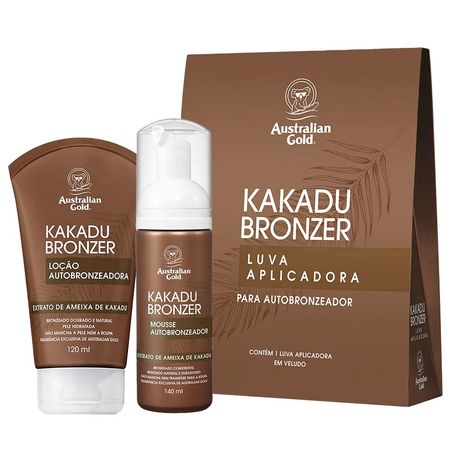 Australian-Gold-Kakadu-Bronzer-Kit-–-Mousse-Autobronzeador-140ml-+-Loção-Autobronzeadora-120ml-+-Luva-Aplicadora-Kit--1