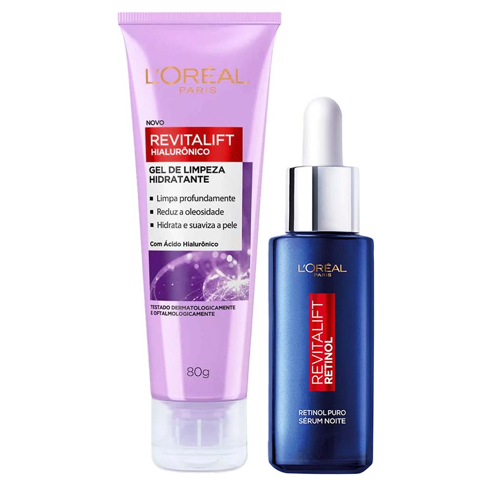 L’Oréal Paris Revitalift Kit – Gel de Limpeza Facial Anti-Idade Hialurônico 80g + Sérum Facial Antirrugas Noturno Retinol 30ml