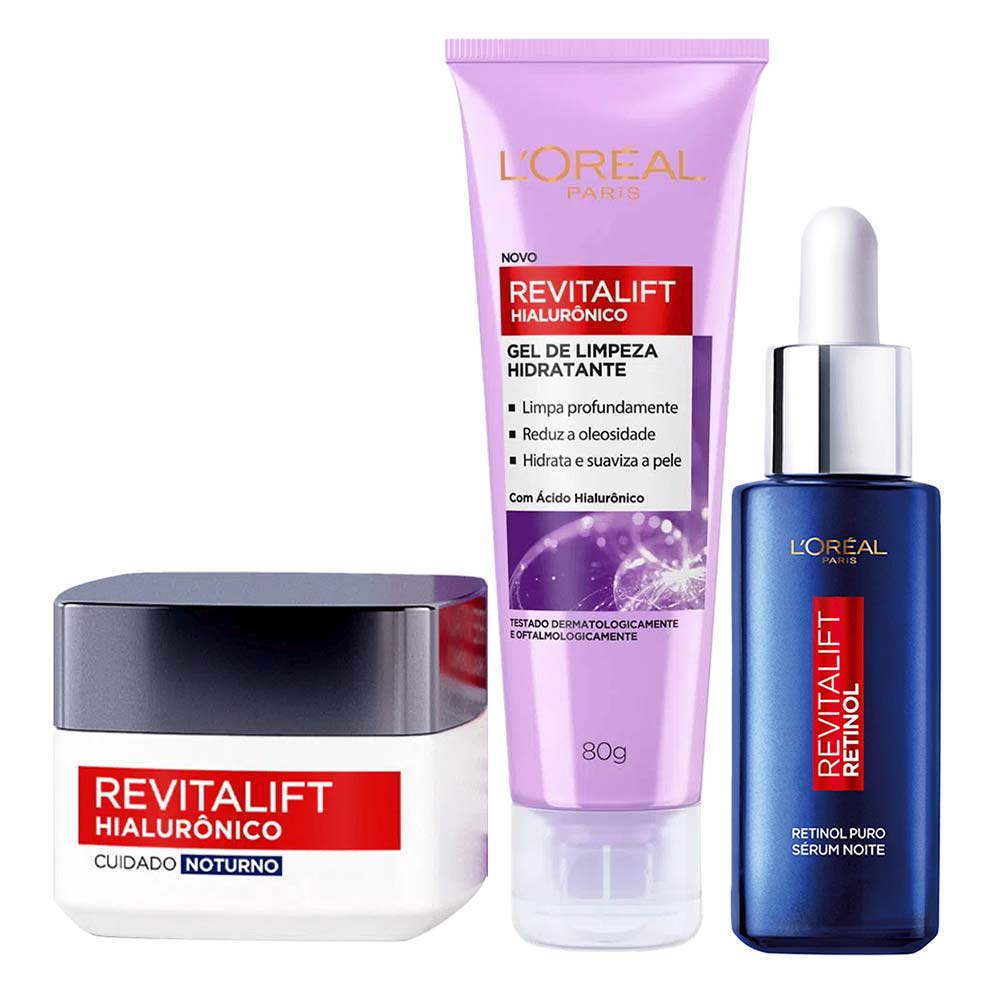 L’Oréal Paris Revitalift Kit – Gel de Limpeza Anti-Idade 80g + Sérum Facial Antirrugas Noturno Retinol 30ml + Creme Anti-Idade Noturno 49g