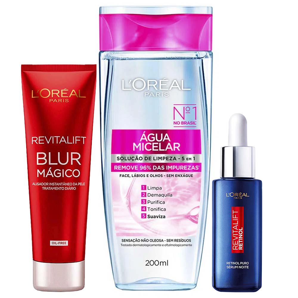 L’Oréal Paris Kit – Água Micelar 5 em 1 200ml + Sérum Facial Antirrugas Noturno Retinol 30ml + Primer Blur Mágico 27g
