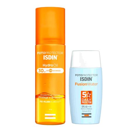 Isdin-Kit-–-Protetor-Solar-Facial-Fusion-Water-5-Stars-FPS60-50ml-+-Protetor-Solar-e-Bronzeador-Corporal-HydroOil-FPS30-200ml-Kit--1