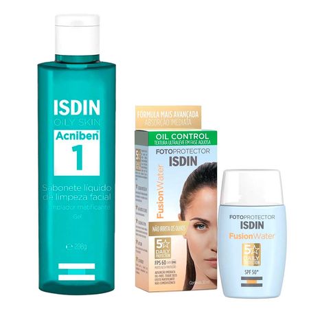 Isdin-Kit---Sabonete-Líquido-Facial-Acniben-+-Protetor-Solar-Facial-Fusion-Water-5-Stars-FPS60-Kit--1