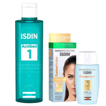 Isdin-Kit---Sabonete-Líquido-Facial-Acniben-+-Protetor-Solar-Facial-Fusion-Water-5-Stars-FPS60-Kit--1