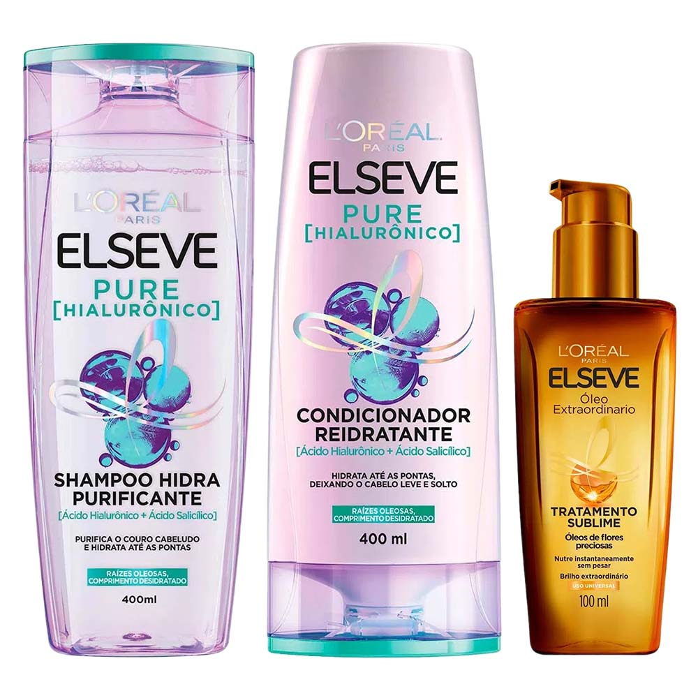 Elseve Pure Hialurônico Kit – Shampoo + Condicionador + Óleo Extraordinário