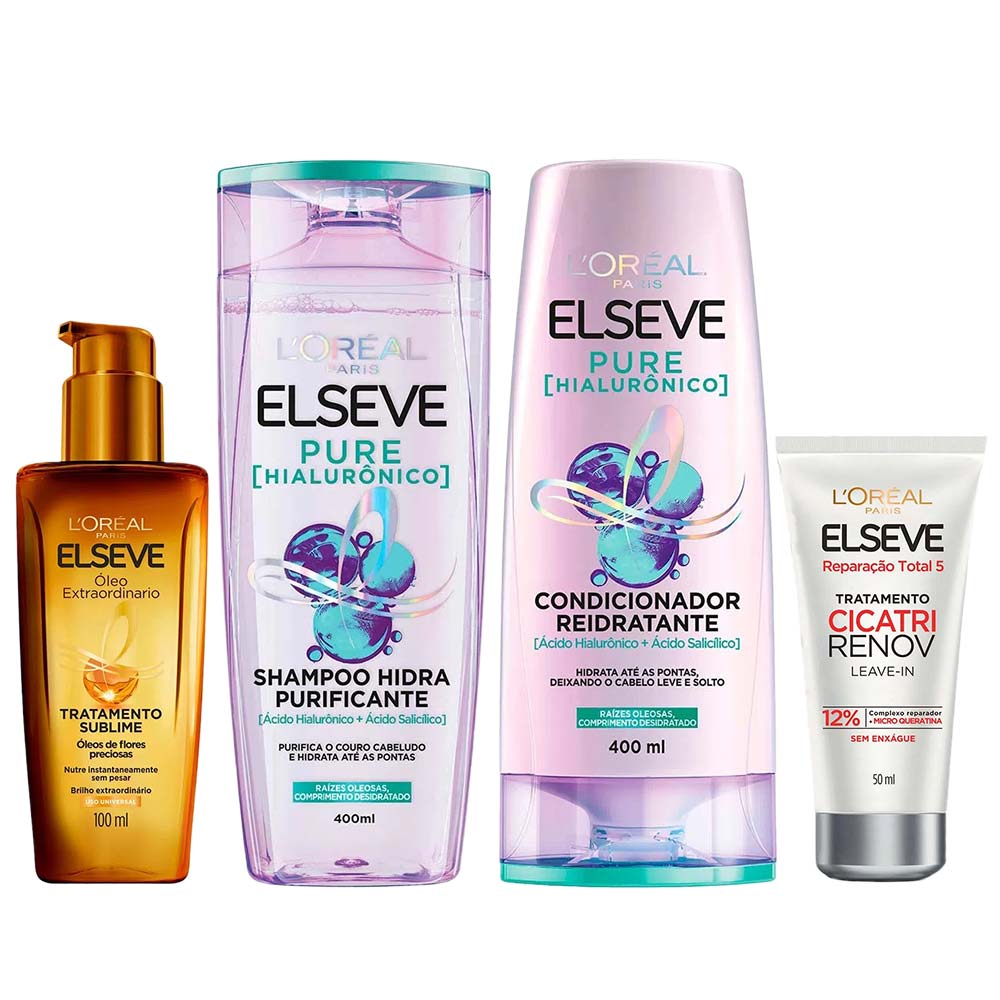 Elseve Pure Hialurônico Kit – Shampoo + Condicionador + Óleo Extraordinário + Leave In Tratamento