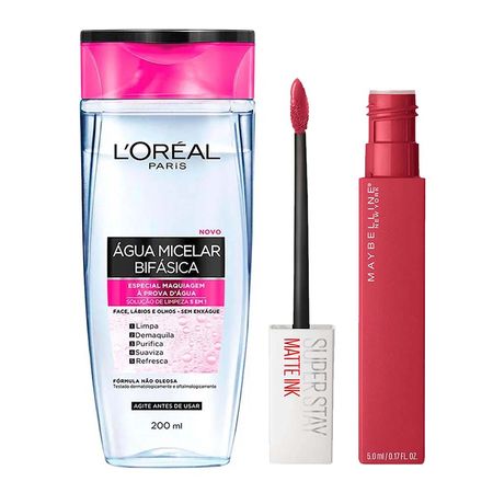 L'Oréal-Paris-+-Maybelline-Kit---Água-Micelar-Bifásica-+-Batom-Líquido-Longa-Duração-Ruller-Kit--1