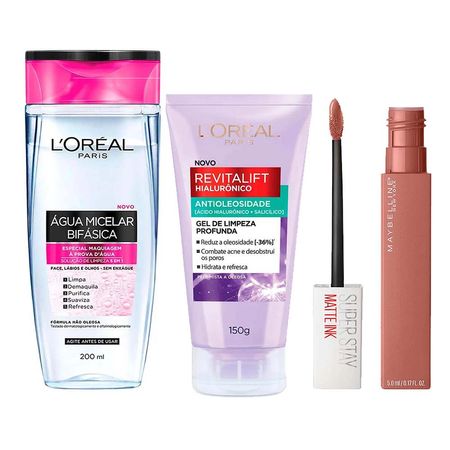 L’Oréal-Paris-+-Maybelline-Kit---Água-Micelar-Bifásica-+-Gel-de-Limpeza-Antioleosidade-+-Batom-Líquido-Longa-Duração-Seductress-Kit--1