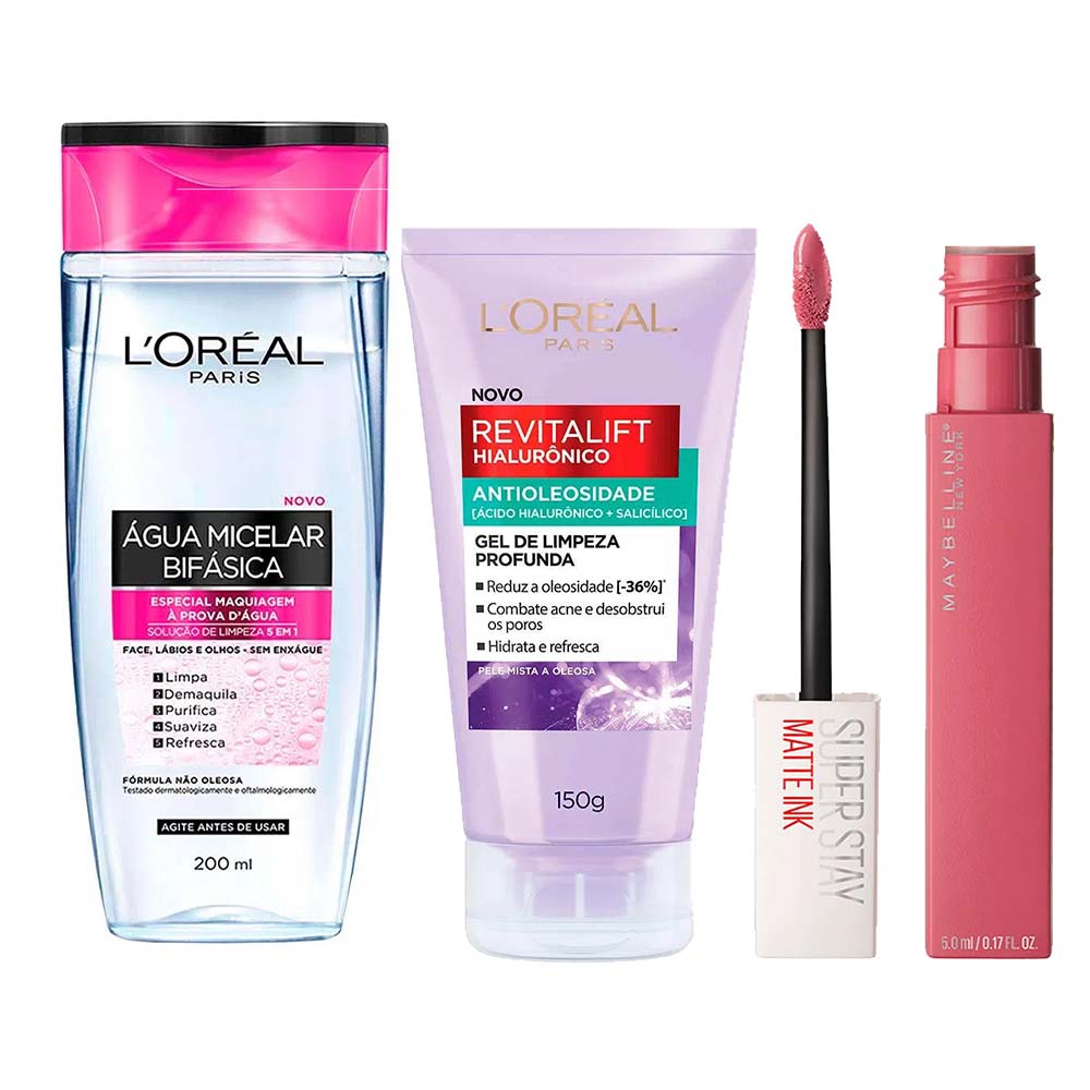 L’Oréal Paris + Maybelline Kit - Água Micelar Bifásica + Gel de Limpeza Antioleosidade + Batom Líquido Longa Duração Lover