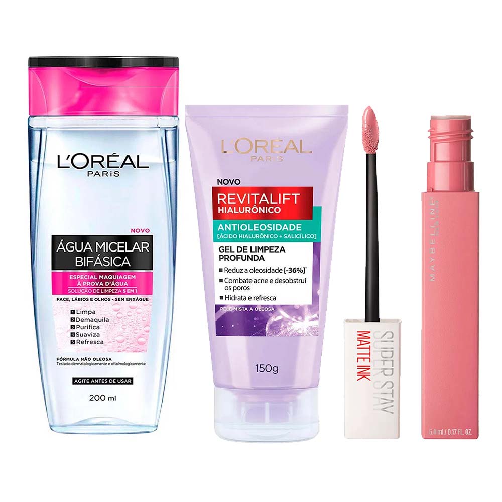 L’Oréal Paris + Maybelline Kit - Água Micelar Bifásica + Gel de Limpeza Antioleosidade + Batom Líquido Longa Duração Dreamer