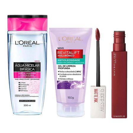 L’Oréal-Paris-+-Maybelline-Kit---Água-Micelar-Bifásica-+-Gel-de-Limpeza-Antioleosidade-+-Batom-Líquido-Longa-Duração-Voyager-Kit--1