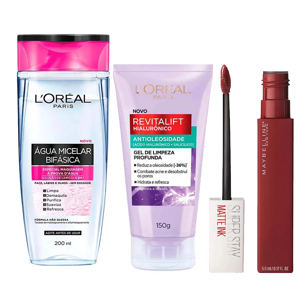 L’Oréal Paris + Maybelline Kit - Água Micelar Bifásica + Gel de Limpeza Antioleosidade + Batom Líquido Longa Duração Voyager