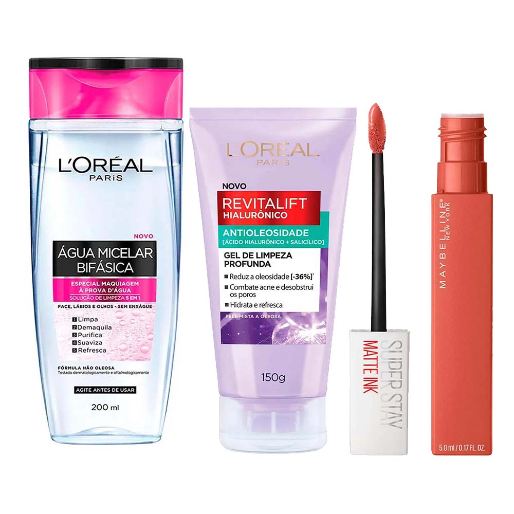 L’Oréal Paris + Maybelline Kit - Água Micelar Bifásica + Gel de Limpeza Antioleosidade + Batom Líquido Longa Duração Amazonian