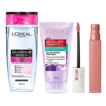 L’Oréal-Paris-+-Maybelline-Kit---Água-Micelar-Bifásica-+-Gel-de-Limpeza-Antioleosidade-+-Batom-Líquido-Longa-Duração-Poet-Kit--1