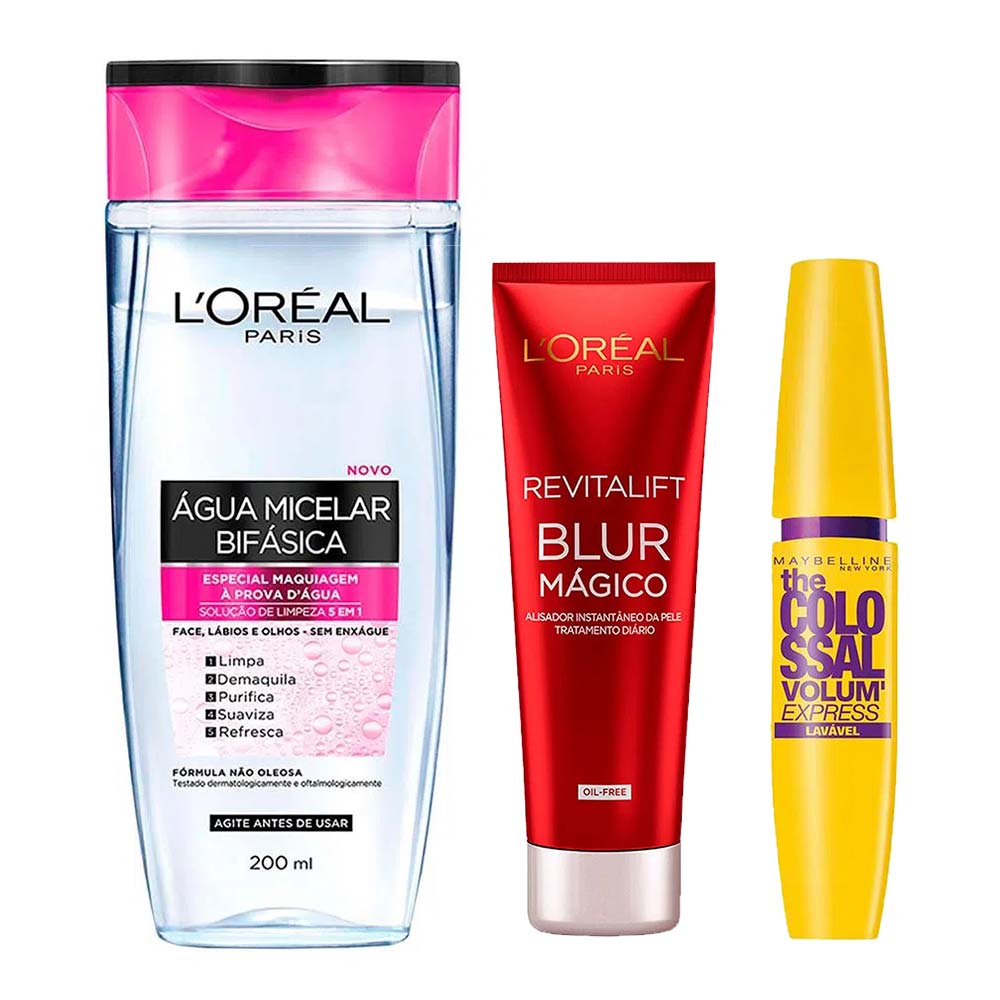L’Oréal Paris + Maybelline Kit - Água Micelar Bifásica + Primer Blur Mágico + Máscara de Cílios Lavável