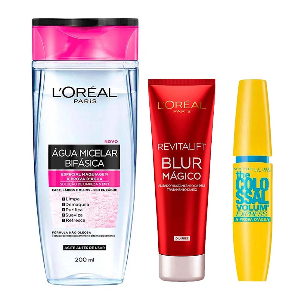 L’Oréal Paris + Maybelline Kit - Água Micelar Bifásica + Primer Blur Mágico + Máscara de Cílios à Prova D'água