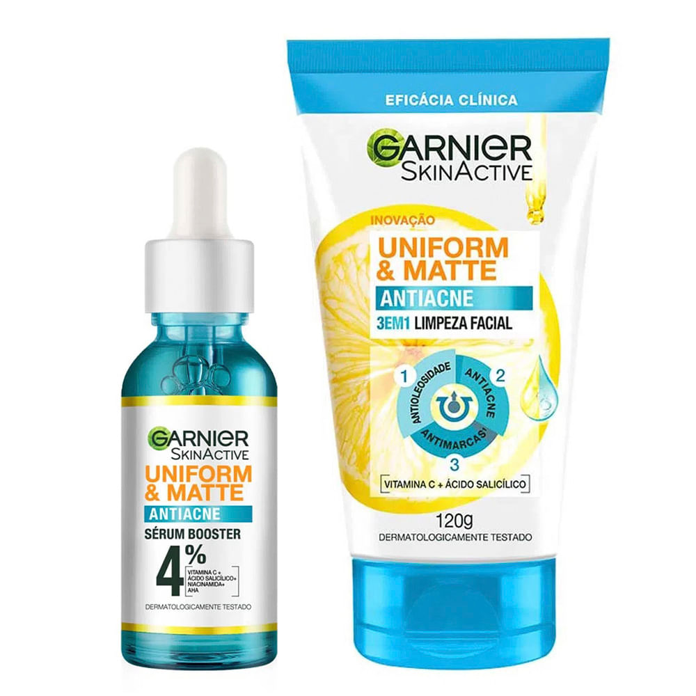 Garnier Adeus Acne Kit - Limpeza Facial 3 em 1 + Sérum Antiacne